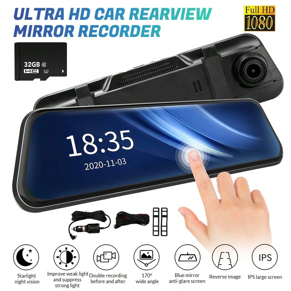10 Inch Mirror Dash Cam Front And Rear Camera, Full HD 1080P Dual Lens Dash Camera For Cars With 32GB SD Card, Night Vision Backup Camera, Full Touch Screen, Parking Monitor, G-Sensor Loop Recording
