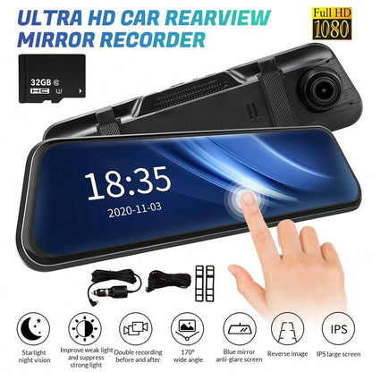 10 Inch Mirror Dash Cam Front And Rear Camera, Full HD 1080P Dual Lens Dash Camera For Cars With 32GB SD Card, Night Vision Backup Camera, Full Touch Screen, Parking Monitor, G-Sensor Loop Recording