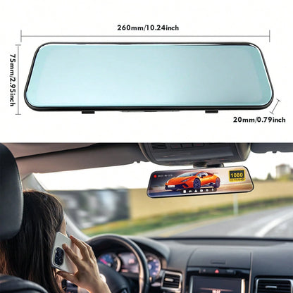 10 Inch Mirror Dash Cam Front And Rear Camera, Full HD 1080P Dual Lens Dash Camera For Cars With 32GB SD Card, Night Vision Backup Camera, Full Touch Screen, Parking Monitor, G-Sensor Loop Recording