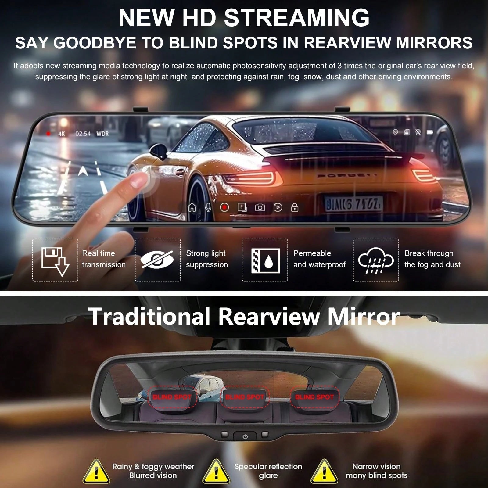 10 Inch Mirror Dash Cam Front And Rear Camera, Full HD 1080P Dual Lens Dash Camera For Cars With 32GB SD Card, Night Vision Backup Camera, Full Touch Screen, Parking Monitor, G-Sensor Loop Recording