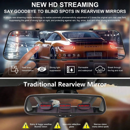 10 Inch Mirror Dash Cam Front And Rear Camera, Full HD 1080P Dual Lens Dash Camera For Cars With 32GB SD Card, Night Vision Backup Camera, Full Touch Screen, Parking Monitor, G-Sensor Loop Recording