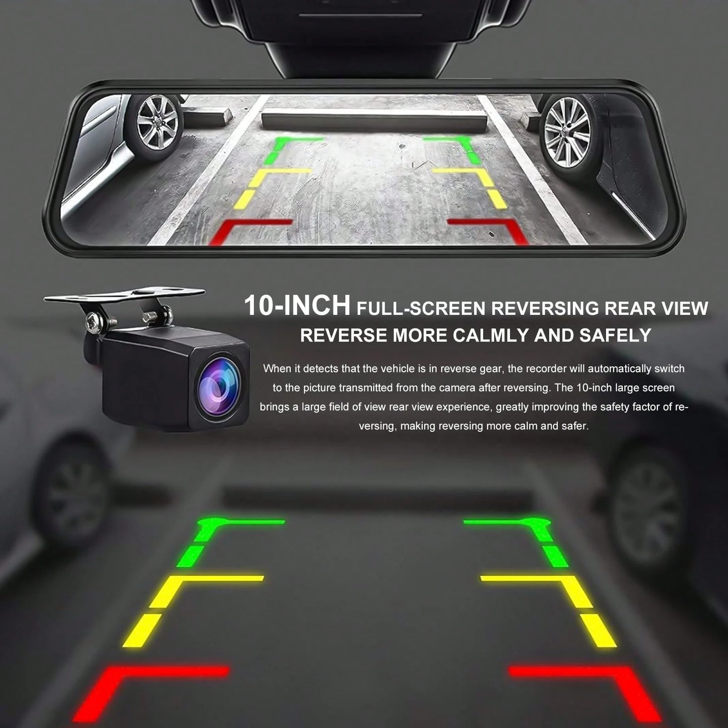 10 Inch Mirror Dash Cam Front And Rear Camera, Full HD 1080P Dual Lens Dash Camera For Cars With 32GB SD Card, Night Vision Backup Camera, Full Touch Screen, Parking Monitor, G-Sensor Loop Recording