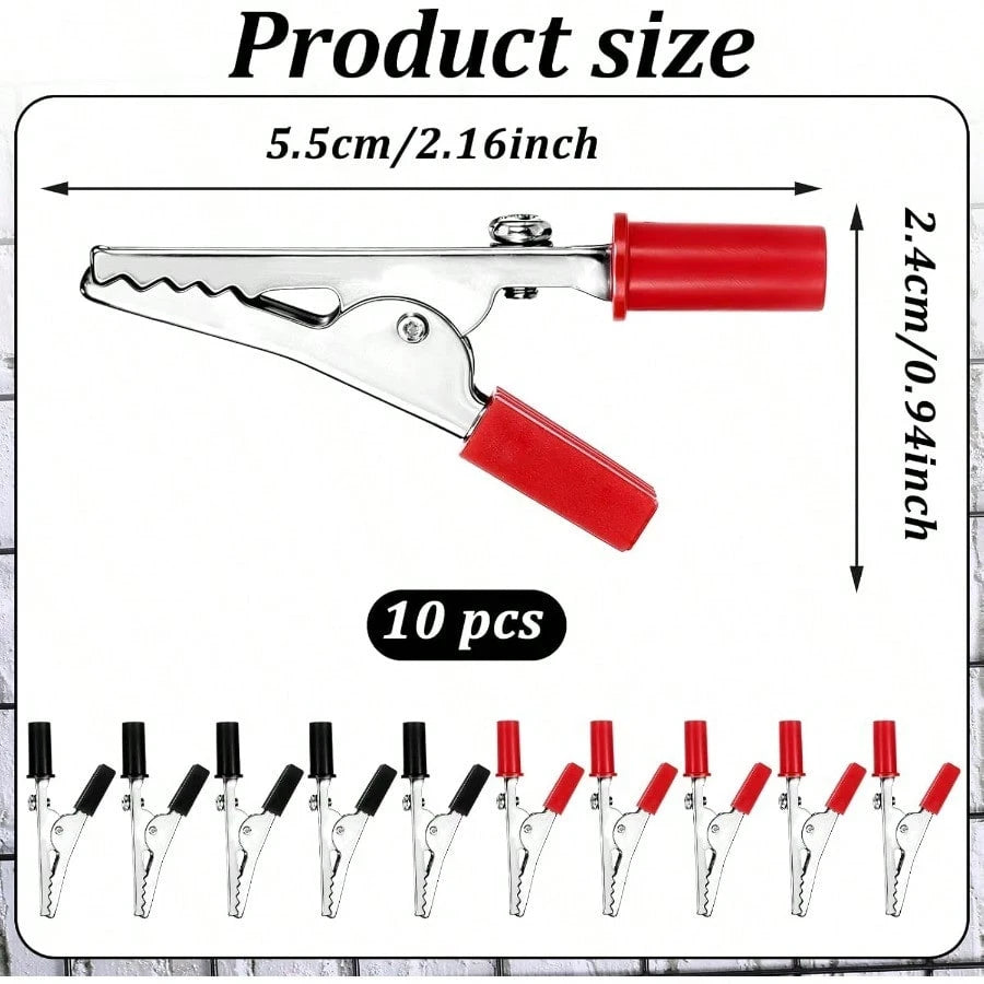 10 Pcs Electrical Test Clamps- Metal Alligator Clips With Red & Black Insulated Handles For Circuit Testing, Battery Charging & DIY Projects (Bulk Pack)