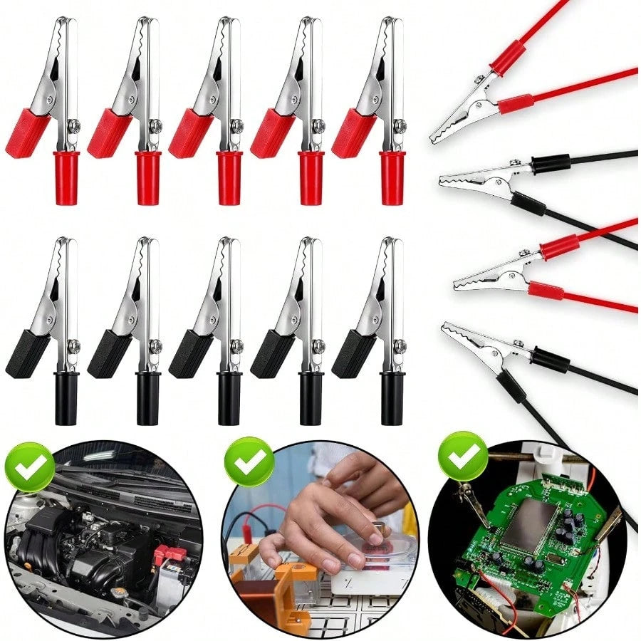 10 Pcs Electrical Test Clamps- Metal Alligator Clips With Red & Black Insulated Handles For Circuit Testing, Battery Charging & DIY Projects (Bulk Pack)
