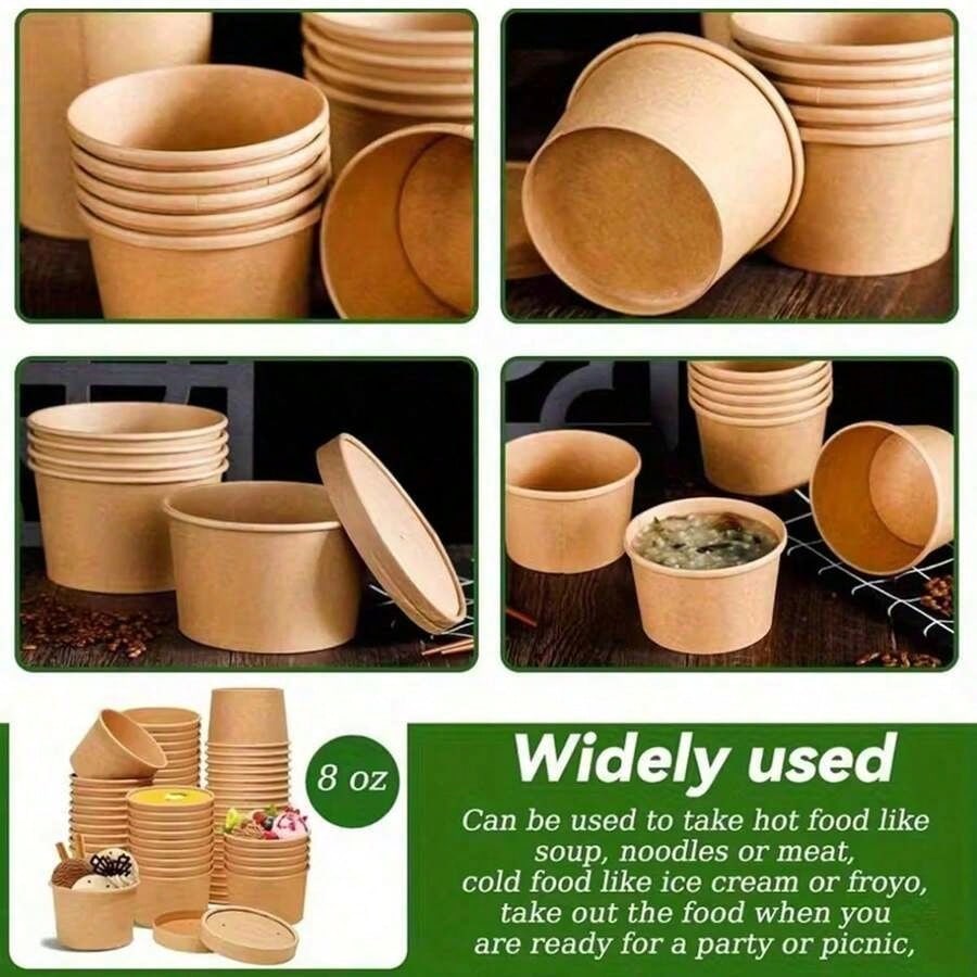 100/60/40/20pcs 8oz Paper Soup Bowls With Lids, Disposable Paper Food Containers, Kraft Paper Dessert Bowls, Ice Cream Cups, Microwave & Refrigerator For Hot Soup And Ice Cream
