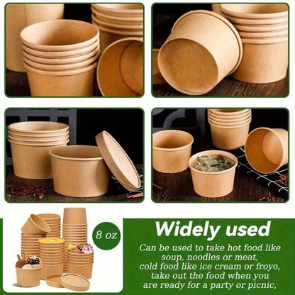 100/60/40/20pcs 8oz Paper Soup Bowls With Lids, Disposable Paper Food Containers, Kraft Paper Dessert Bowls, Ice Cream Cups, Microwave & Refrigerator For Hot Soup And Ice Cream