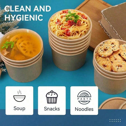 100/60/40/20pcs 8oz Paper Soup Bowls With Lids, Disposable Paper Food Containers, Kraft Paper Dessert Bowls, Ice Cream Cups, Microwave & Refrigerator For Hot Soup And Ice Cream