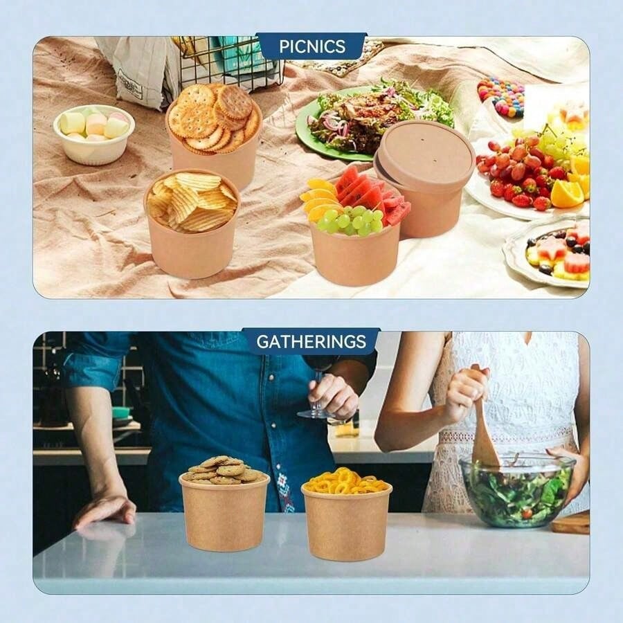 100/60/40/20pcs 8oz Paper Soup Bowls With Lids, Disposable Paper Food Containers, Kraft Paper Dessert Bowls, Ice Cream Cups, Microwave & Refrigerator For Hot Soup And Ice Cream