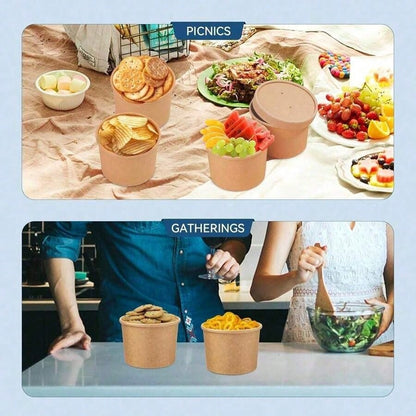 100/60/40/20pcs 8oz Paper Soup Bowls With Lids, Disposable Paper Food Containers, Kraft Paper Dessert Bowls, Ice Cream Cups, Microwave & Refrigerator For Hot Soup And Ice Cream