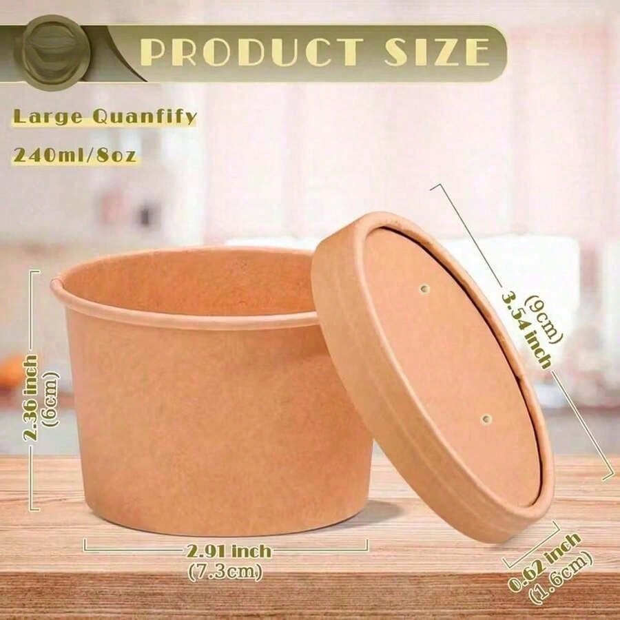 100/60/40/20pcs 8oz Paper Soup Bowls With Lids, Disposable Paper Food Containers, Kraft Paper Dessert Bowls, Ice Cream Cups, Microwave & Refrigerator For Hot Soup And Ice Cream