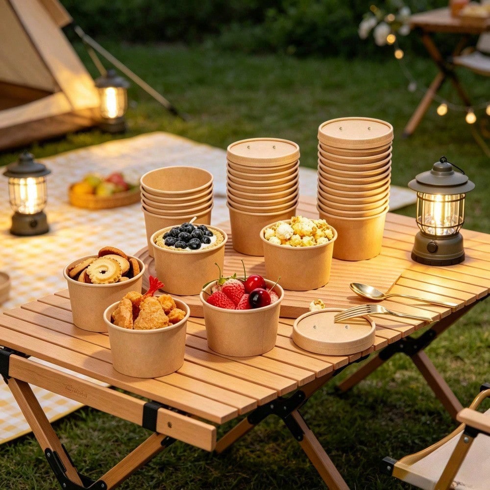 100/60/40/20pcs 8oz Paper Soup Bowls With Lids, Disposable Paper Food Containers, Kraft Paper Dessert Bowls, Ice Cream Cups, Microwave & Refrigerator For Hot Soup And Ice Cream