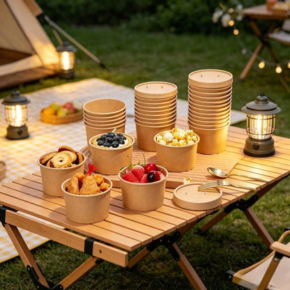 100/60/40/20pcs 8oz Paper Soup Bowls With Lids, Disposable Paper Food Containers, Kraft Paper Dessert Bowls, Ice Cream Cups, Microwave & Refrigerator For Hot Soup And Ice Cream
