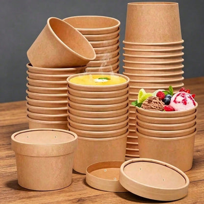 100/60/40/20pcs 8oz Paper Soup Bowls With Lids, Disposable Paper Food Containers, Kraft Paper Dessert Bowls, Ice Cream Cups, Microwave & Refrigerator For Hot Soup And Ice Cream