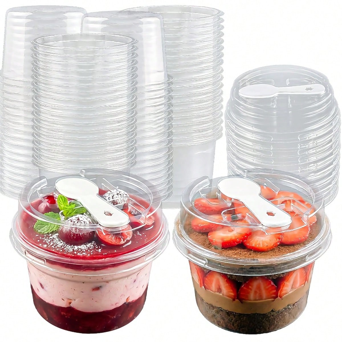 100 Sets Of Round Transparent Cake Cups With Lids And Spoons, Reusable Party-Shaped Pudding Cups (With Lids And Spoons), Suitable For Making Mousse Cakes, Yogurt And Desserts, Cheese, Pudding, Ice Cre