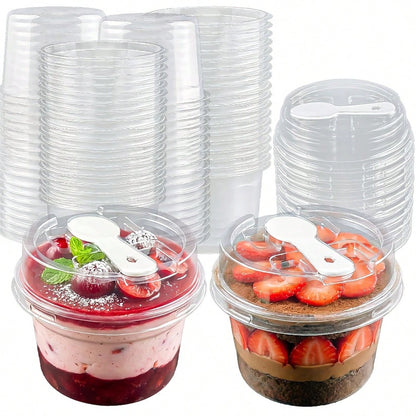 100 Sets Of Round Transparent Cake Cups With Lids And Spoons, Reusable Party-Shaped Pudding Cups (With Lids And Spoons), Suitable For Making Mousse Cakes, Yogurt And Desserts, Cheese, Pudding, Ice Cre