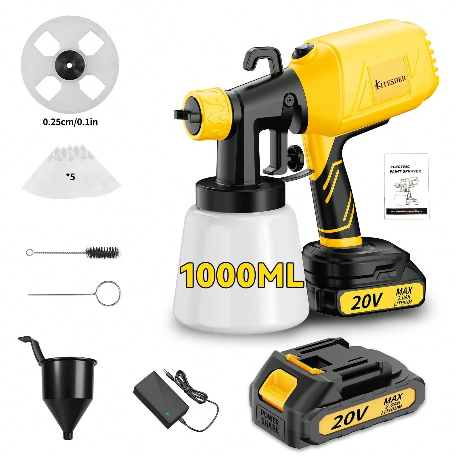 1000ml Electric Paint Sprayer Spray Gun Indoor Outdoor, High Pressure&Easy Painting, Pure Copper Motor + Aluminum Kettle, 360° Rotatable 3 Patterns For Furniture Wall Fence – Yellow