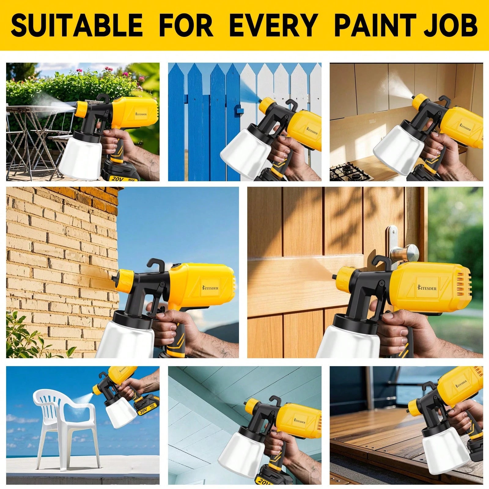 1000ml Electric Paint Sprayer Spray Gun Indoor Outdoor, High Pressure&Easy Painting, Pure Copper Motor + Aluminum Kettle, 360° Rotatable 3 Patterns For Furniture Wall Fence – Yellow