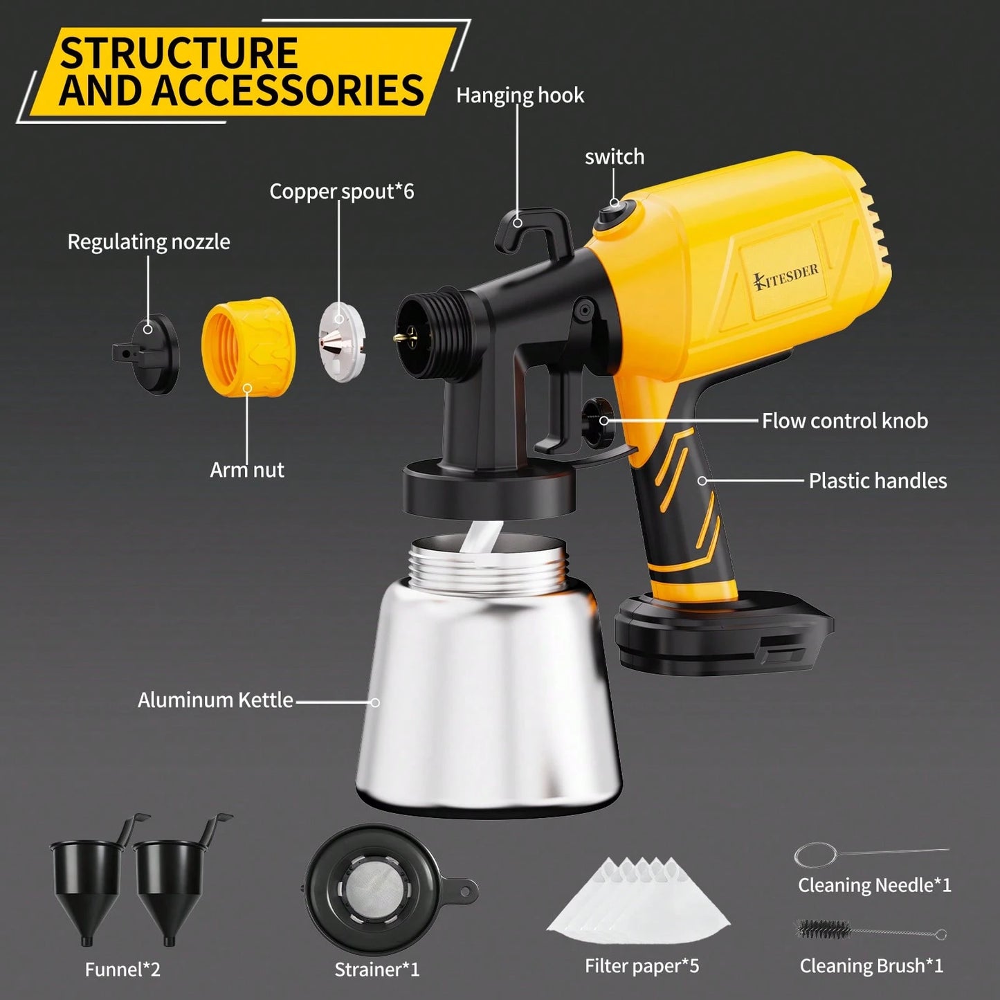 1000ml Electric Paint Sprayer Spray Gun Indoor Outdoor, High Pressure&Easy Painting, Pure Copper Motor + Aluminum Kettle, 360° Rotatable 3 Patterns For Furniture Wall Fence – Yellow
