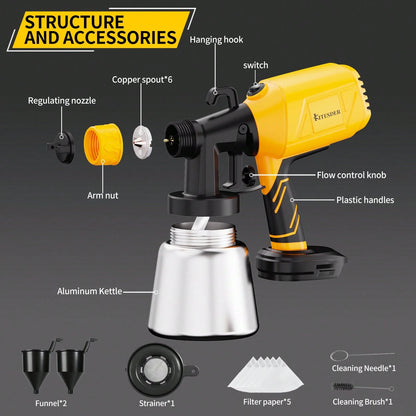 1000ml Electric Paint Sprayer Spray Gun Indoor Outdoor, High Pressure&Easy Painting, Pure Copper Motor + Aluminum Kettle, 360° Rotatable 3 Patterns For Furniture Wall Fence – Yellow