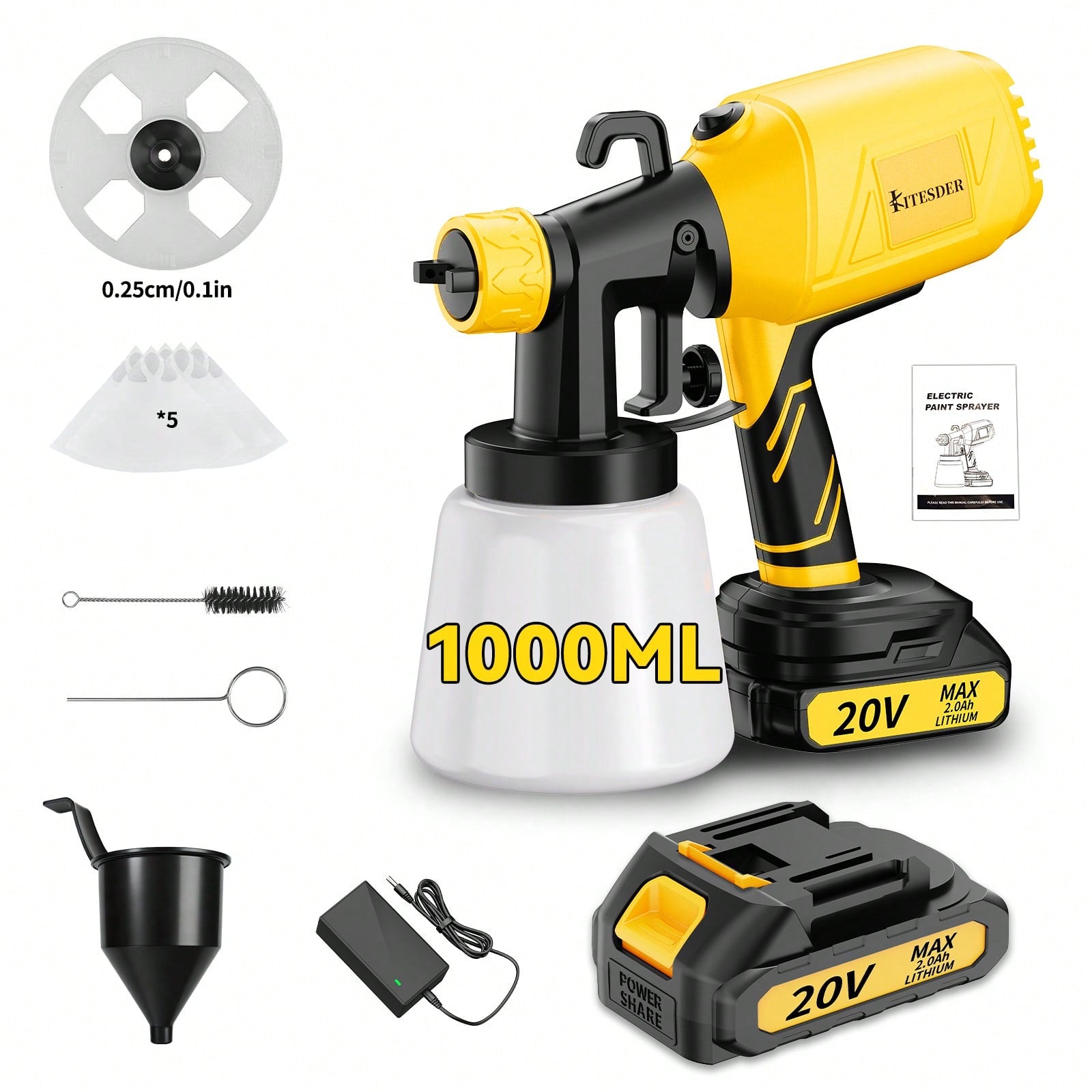 1000ml Electric Paint Sprayer Spray Gun Indoor Outdoor, High Pressure&Easy Painting, Pure Copper Motor + Aluminum Kettle, 360° Rotatable 3 Patterns For Furniture Wall Fence – Yellow