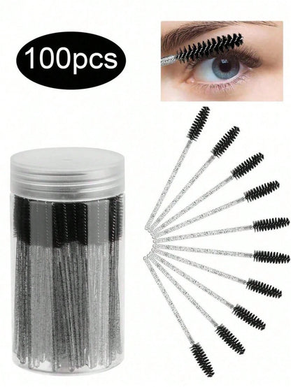 100PCS Crystal Pink Eyelash Brushes, Mascara Wands With Container, Bendable Eyebrow Spoolies, Lash Brush For Lash Extensions, Eyebrow Spoolie, Castor Oil Brushes