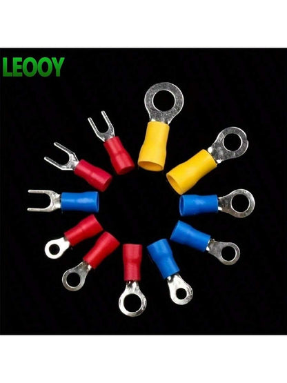 100pcs Electrical Crimping Fork Terminal Kit, Various Cable Connectors Set With Insulated Ring Fork Crimping Terminals, Suitable For Automotive And Shipboard Wiring, RV Round Cold-Pressed Terminals, O