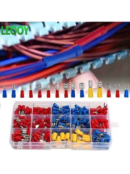 100pcs Electrical Crimping Fork Terminal Kit, Various Cable Connectors Set With Insulated Ring Fork Crimping Terminals, Suitable For Automotive And Shipboard Wiring, RV Round Cold-Pressed Terminals, O