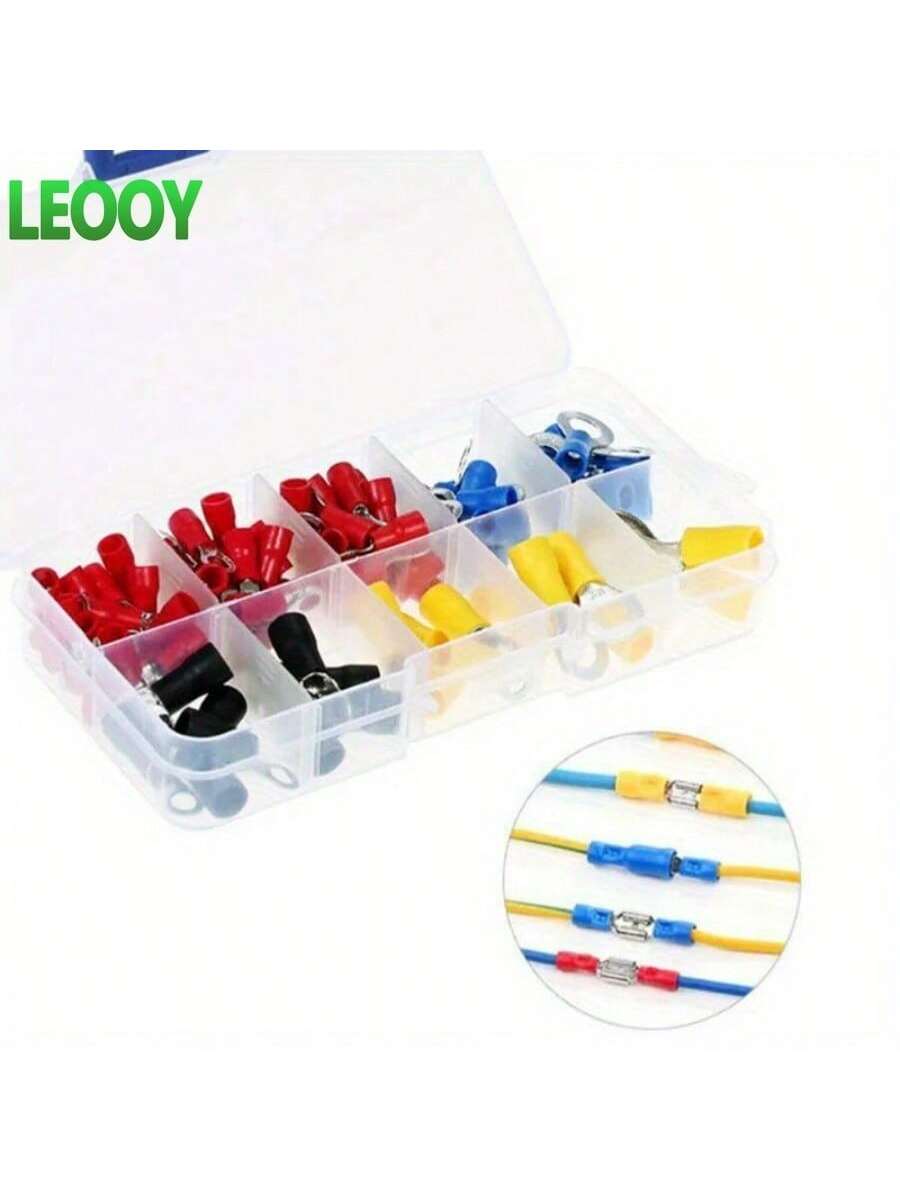 100pcs Electrical Crimping Fork Terminal Kit, Various Cable Connectors Set With Insulated Ring Fork Crimping Terminals, Suitable For Automotive And Shipboard Wiring, RV Round Cold-Pressed Terminals, O