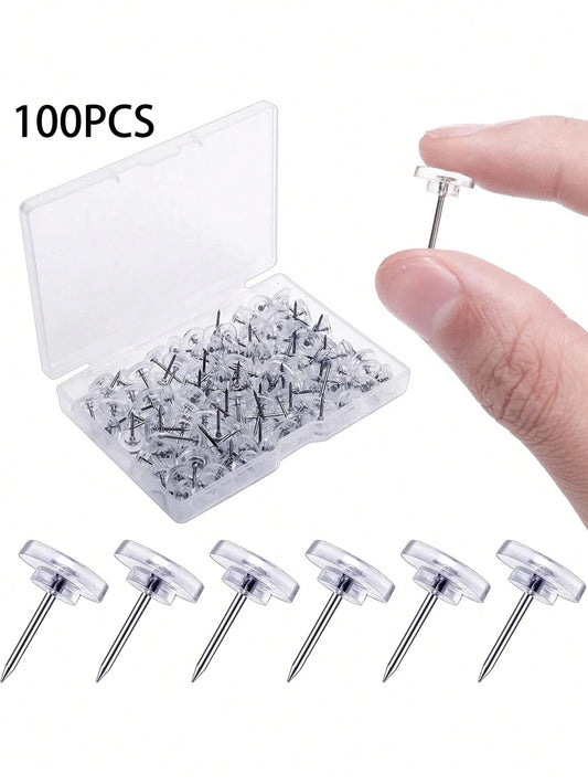 100pcs/Set Count Clear Push Pin Tacks, Premium Thumb Tacks Steel Point And Plastic Flat Head For Photo Wall, Bulletin Board, Home Office Use Cork Boards, Maps & Photos