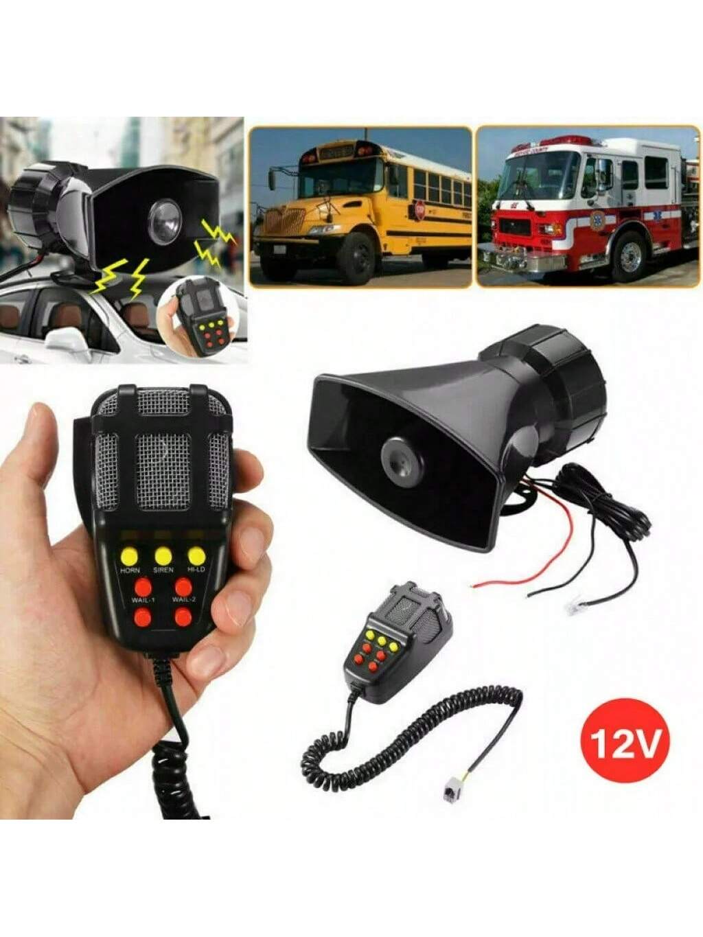 100W 12V 7 Sound Loud Car Alarm P-Olice Fire Horn Siren PA Speaker MIC System Kit