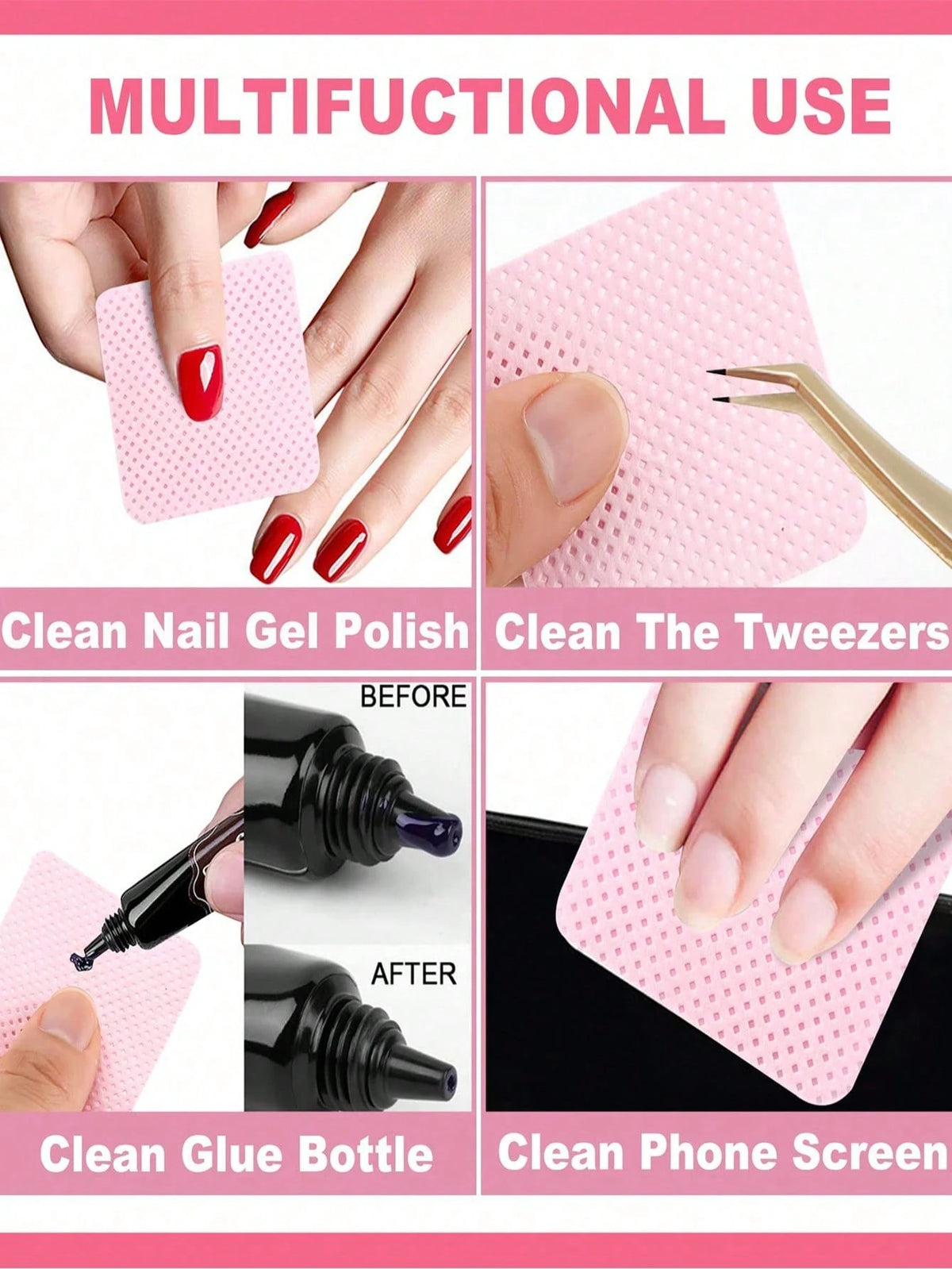 1080/400/200pcs Odorless Professional Grade Lint-Free Nail Polish Remover Pads, UV Gel Cleaning Wipes, Manicure Prep & Finishing Cleaning Tools (Pink)
