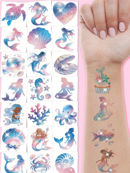 108PCS Glitter Mermaid Pre-Cut Temporary Tattoos- Cute Under The Sea Party Favors, Perfect For Ocean Mermaid-Themed Birthdays