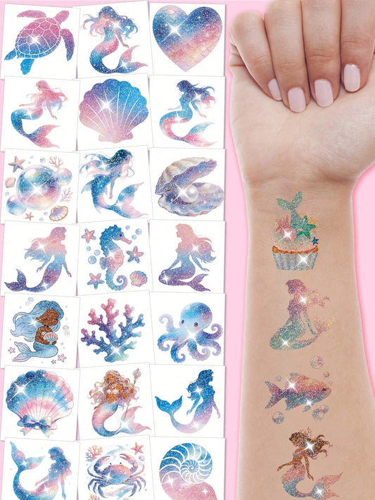 108PCS Glitter Mermaid Pre-Cut Temporary Tattoos- Cute Under The Sea Party Favors, Perfect For Ocean Mermaid-Themed Birthdays