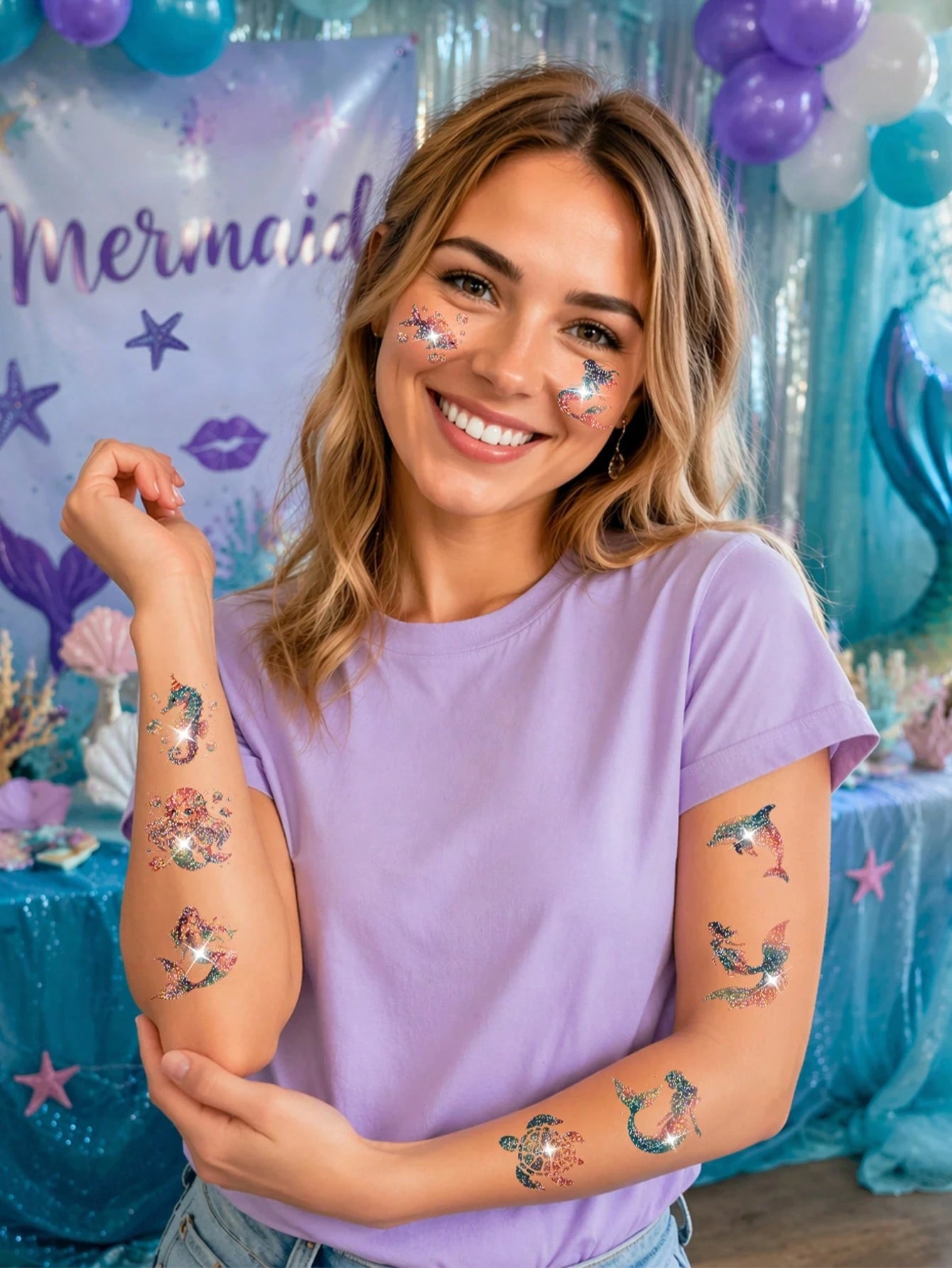 108PCS Glitter Mermaid Pre-Cut Temporary Tattoos- Cute Under The Sea Party Favors, Perfect For Ocean Mermaid-Themed Birthdays