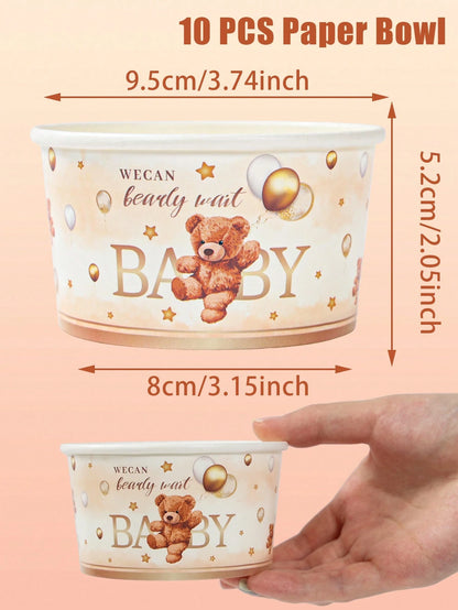 10pcs Brown Bear Paper Bowls, Popcorn Bowls, Baby Shower Theme Paper Bowls, Balloon Pattern, Ice Cream Bowls, Baby Shower Supplies, Candy Bowls, Disposable Tableware, Snack Bowls, Boy Or Girl Party Fa