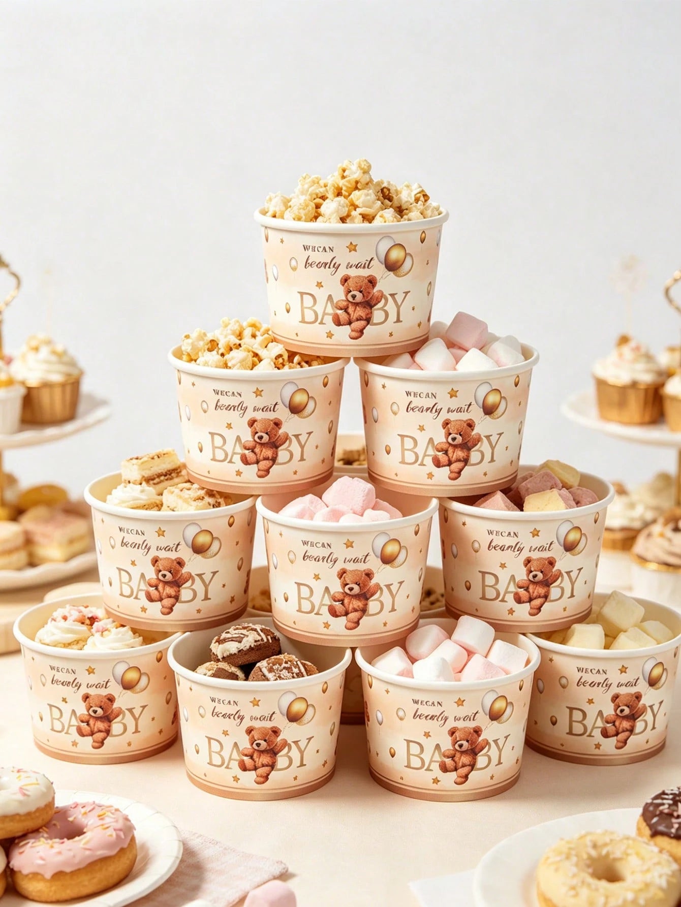 10pcs Brown Bear Paper Bowls, Popcorn Bowls, Baby Shower Theme Paper Bowls, Balloon Pattern, Ice Cream Bowls, Baby Shower Supplies, Candy Bowls, Disposable Tableware, Snack Bowls, Boy Or Girl Party Fa