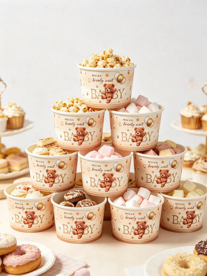 10pcs Brown Bear Paper Bowls, Popcorn Bowls, Baby Shower Theme Paper Bowls, Balloon Pattern, Ice Cream Bowls, Baby Shower Supplies, Candy Bowls, Disposable Tableware, Snack Bowls, Boy Or Girl Party Fa