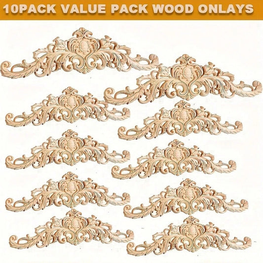 10pcs Value Pack Wood Appliques Onlays, Carved Unpainted Wood Appliques, DIY Decorative Wooden Applique Trim Decal Wood Embellishments Wood Appliques For Furniture Cabinet Dresser Bed Wall
