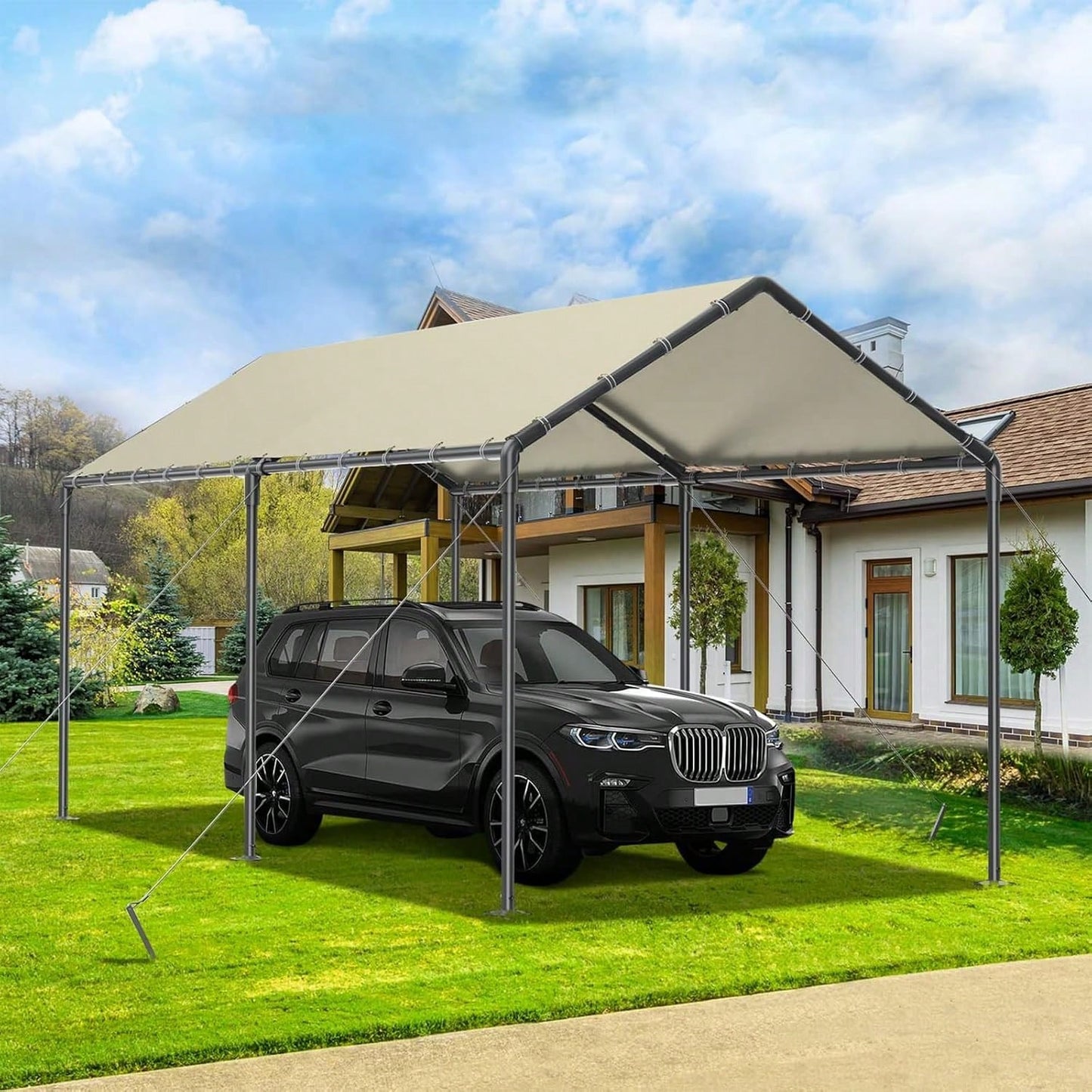10x20 FT Heavy Duty Carport Car Tent Car Canopy Storage Shed,Portable Garage Party Tent,Portable Garage All-Season Tarp For Car,Truck,SUV,Party (Beige)