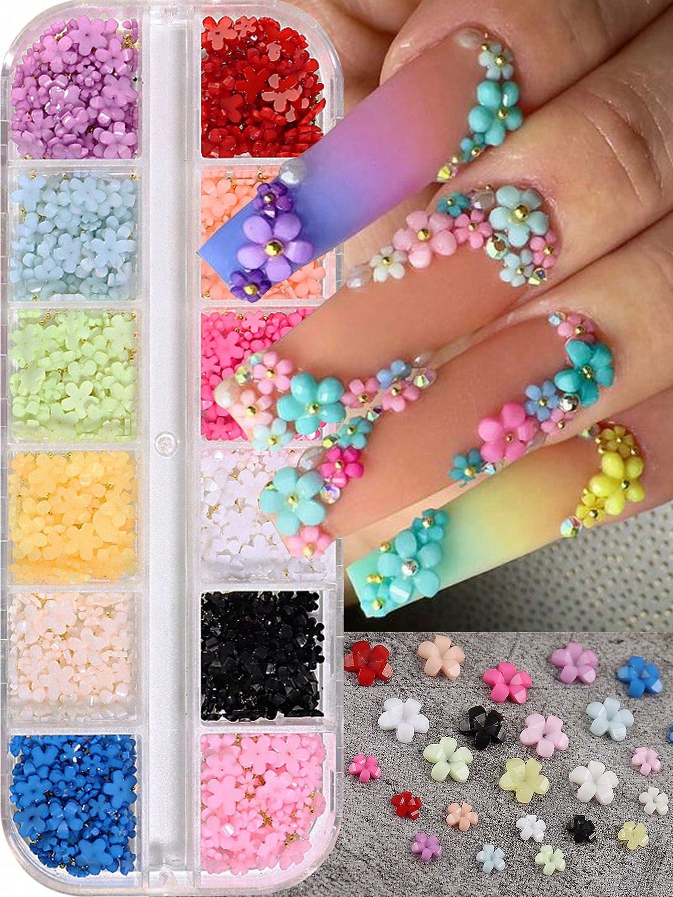 12 Compartments 3D Acrylic Nail Flowers, 12 Mixed Color Pastel Floral, Faux Pearl Caviar Beads, AB Flat Bottom Rhinestone Gems Nail Art Decorations, Nail Rhinestone Mixed Floral Spring Gems DIY Nail S