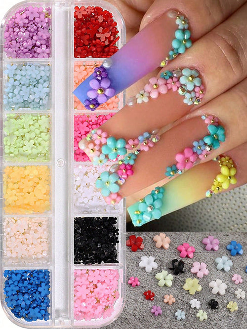 12 Compartments 3D Acrylic Nail Flowers, 12 Mixed Color Pastel Floral, Faux Pearl Caviar Beads, AB Flat Bottom Rhinestone Gems Nail Art Decorations, Nail Rhinestone Mixed Floral Spring Gems DIY Nail S