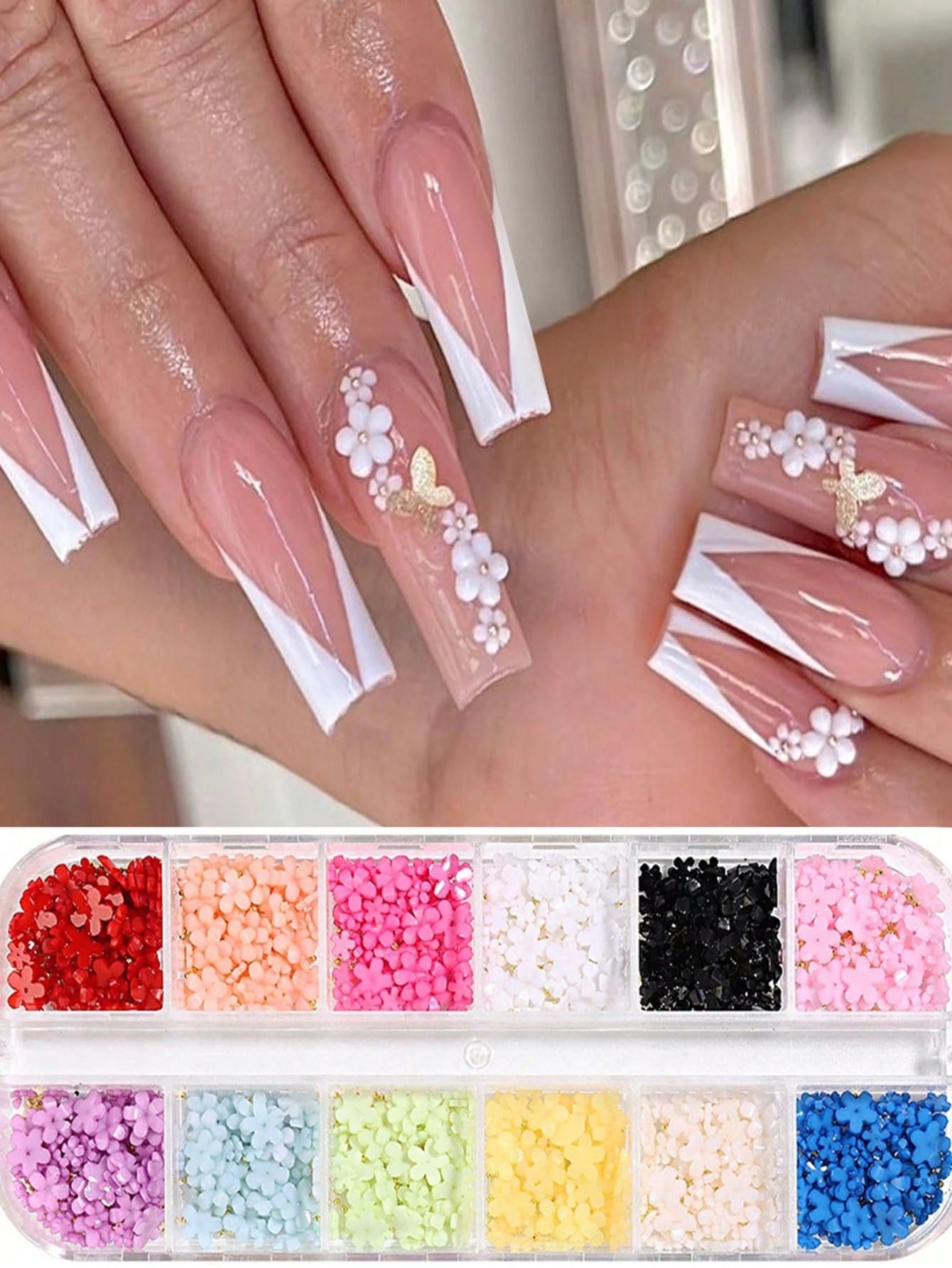 12 Compartments 3D Acrylic Nail Flowers, 12 Mixed Color Pastel Floral, Faux Pearl Caviar Beads, AB Flat Bottom Rhinestone Gems Nail Art Decorations, Nail Rhinestone Mixed Floral Spring Gems DIY Nail S