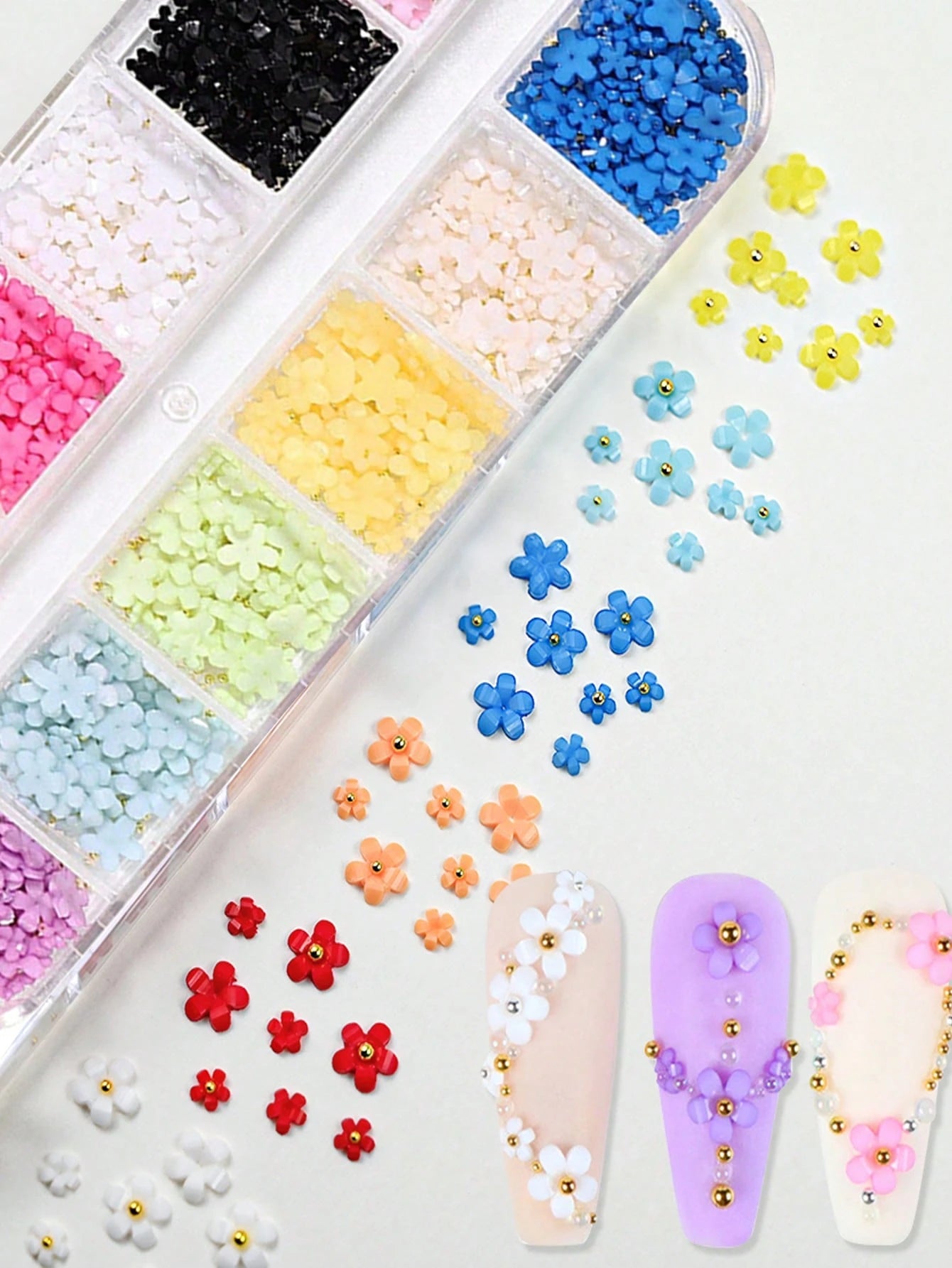 12 Compartments 3D Acrylic Nail Flowers, 12 Mixed Color Pastel Floral, Faux Pearl Caviar Beads, AB Flat Bottom Rhinestone Gems Nail Art Decorations, Nail Rhinestone Mixed Floral Spring Gems DIY Nail S