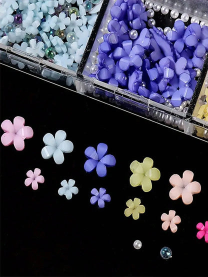 12 Compartments 3D Acrylic Nail Flowers, 12 Mixed Color Pastel Floral, Faux Pearl Caviar Beads, AB Flat Bottom Rhinestone Gems Nail Art Decorations, Nail Rhinestone Mixed Floral Spring Gems DIY Nail S