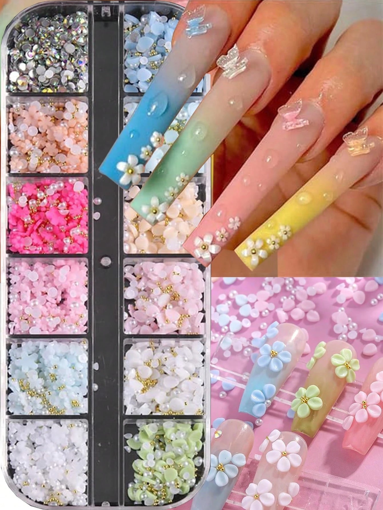 12 Compartments 3D Acrylic Nail Flowers, 12 Mixed Color Pastel Floral, Faux Pearl Caviar Beads, AB Flat Bottom Rhinestone Gems Nail Art Decorations, Nail Rhinestone Mixed Floral Spring Gems DIY Nail S