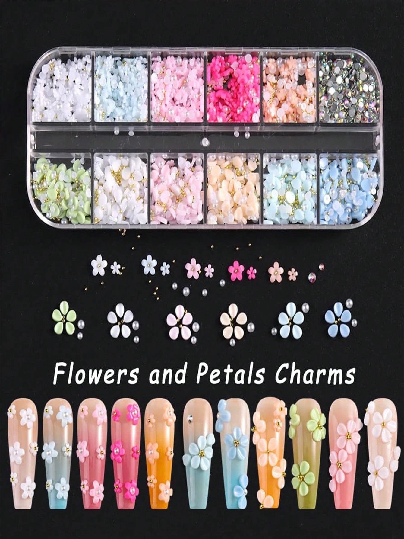 12 Compartments 3D Acrylic Nail Flowers, 12 Mixed Color Pastel Floral, Faux Pearl Caviar Beads, AB Flat Bottom Rhinestone Gems Nail Art Decorations, Nail Rhinestone Mixed Floral Spring Gems DIY Nail S