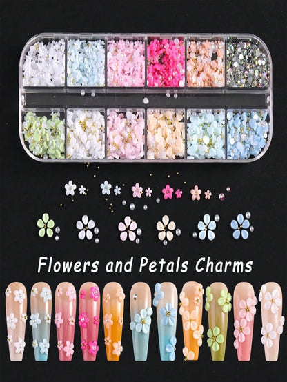 12 Compartments 3D Acrylic Nail Flowers, 12 Mixed Color Pastel Floral, Faux Pearl Caviar Beads, AB Flat Bottom Rhinestone Gems Nail Art Decorations, Nail Rhinestone Mixed Floral Spring Gems DIY Nail S