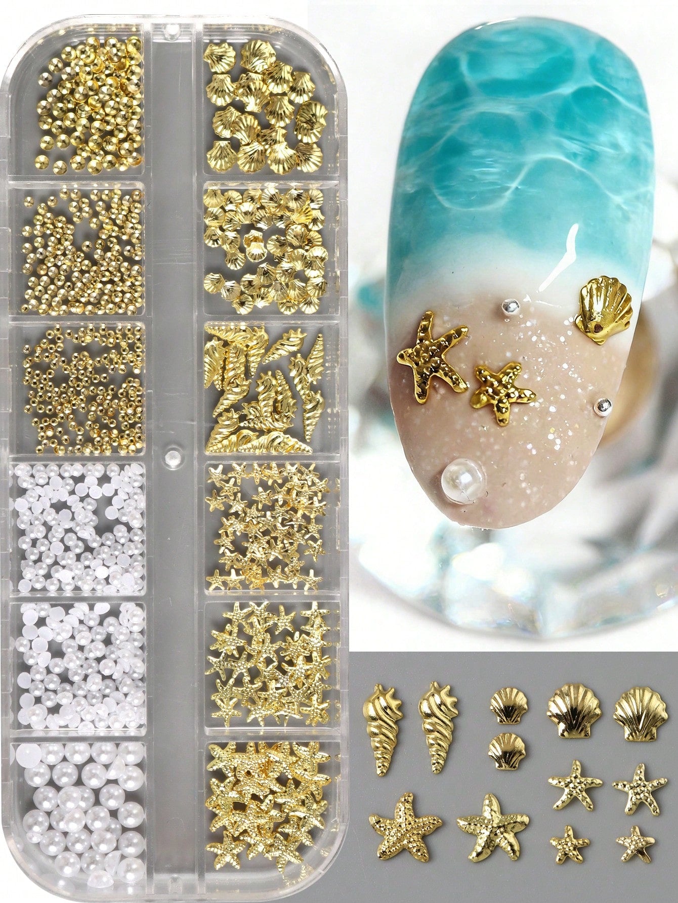 12 Grids Shell Starfish Gold Metal Nail Charms Decorations Beads Pearls Nail Art Accessories Rivet Crafts Summer Ocean Holiday DIY Nail Supplies