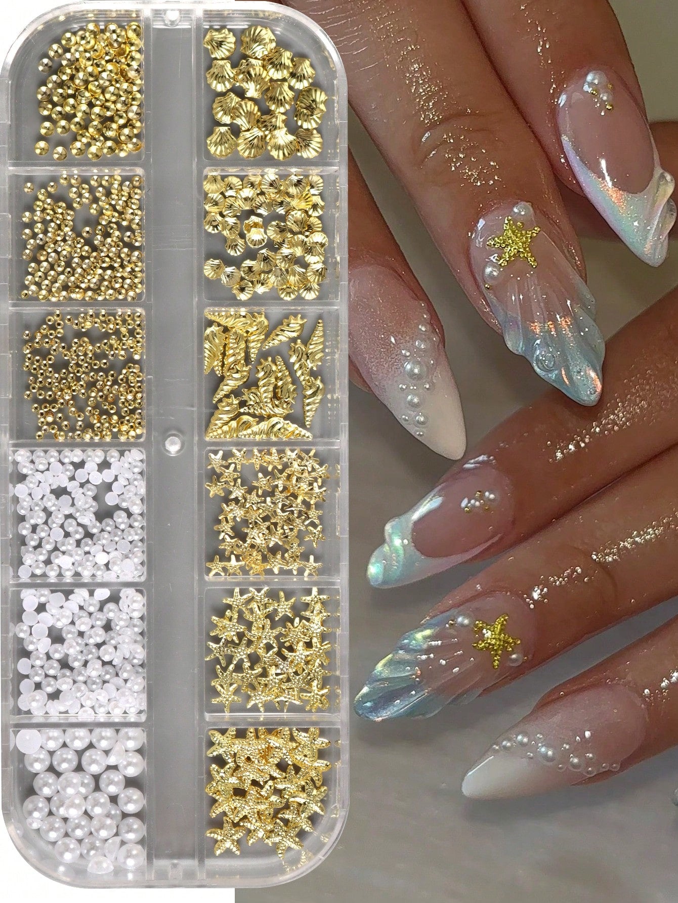 12 Grids Shell Starfish Gold Metal Nail Charms Decorations Beads Pearls Nail Art Accessories Rivet Crafts Summer Ocean Holiday DIY Nail Supplies