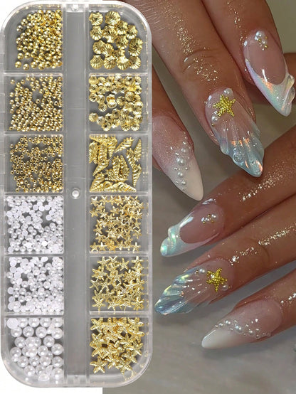 12 Grids Shell Starfish Gold Metal Nail Charms Decorations Beads Pearls Nail Art Accessories Rivet Crafts Summer Ocean Holiday DIY Nail Supplies